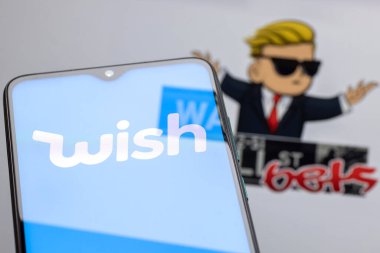Kazan, Rusya - 09 Haziran 2021: Dilek, satıcılar ve alıcılar arasındaki alışverişi kolaylaştıran çevrimiçi bir e-ticaret platformudur. Reddit 'ten Wall Streetbets grubunun borsadaki hisselerini pompala.