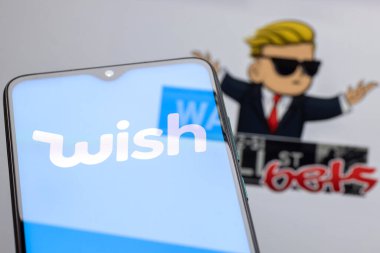 Kazan, Russia - June 09, 2021: Wish is online e-commerce platform that facilitates transactions between sellers and buyers. Pump shares on the stock market by the wallstreetbets group from reddit. clipart
