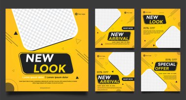 Düzenlenebilir en küçük kare pankart şablonu seti. Çizgili çizgi şeklinde sarı arkaplan rengi. Sosyal medya paylaşımı ve internet reklamları için uygun. Fotoğraf çerçeveli vektör illüstrasyonu.