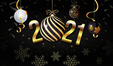 2021 yılbaşı gecesi dekoratif noel baloları. Kar taneleri. Siyah renk kompozisyonu. Tebrik kartı, afiş ve poster asmak için uygun. vs..