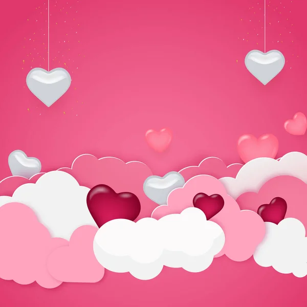 Schöne Valentinstag Quadratischen Hintergrund Mit Schönen Herzformen Und Wolken Leuchtend — Stockvektor