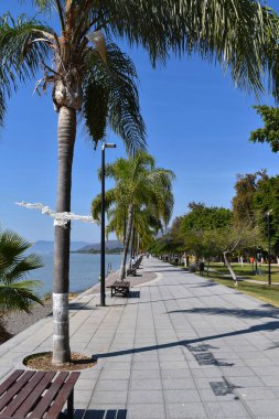 Arka planda Chapala Gölü ile Ajijic tahta yolu dikey görünümü 