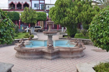 Mascota, Meksika - 17 Temmuz 2024: Mascota Meydanı 'nda yemyeşil ve geleneksel mimari ile çevrili güzel taş çeşme