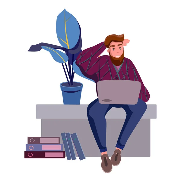 Genç bir adam evden bilgisayarda çalışıyor. Salgın sırasında evden çalışıyordum. eelance, online education or social media concept.Student in learn process, back view.lat style illustration.