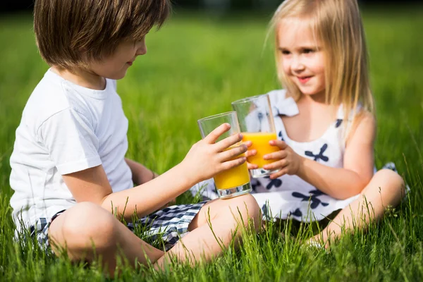 Bror och syster dricka juice — Stockfoto