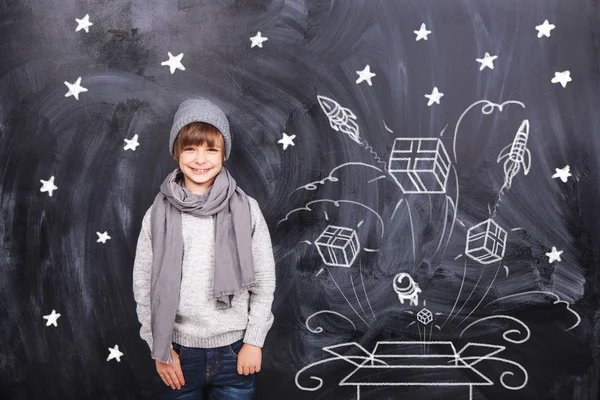 Boy and explosive box gifts — Stock Photo, Image