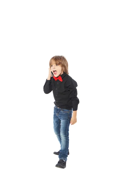 Boy shouts into the phone — Stock Photo, Image