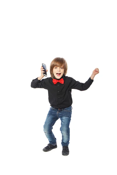 Boy is happy with the phone — Stock Photo, Image