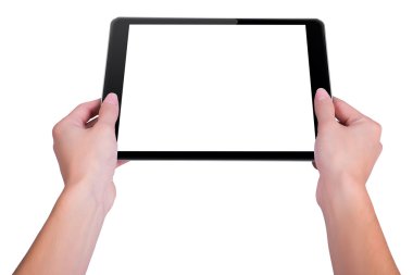 Girl is holding a the tablet obliquely