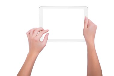 Woman working on white tablet