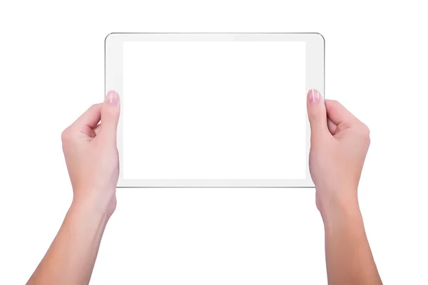 In the hands of girl white tablet — Stock Photo, Image