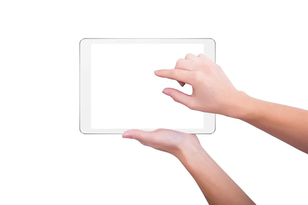 Girl increases the picture on the screen of the tablet — Stock Fotó