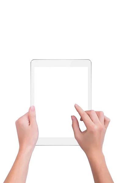 Girl clicks a finger on a white plate — Stock Photo, Image