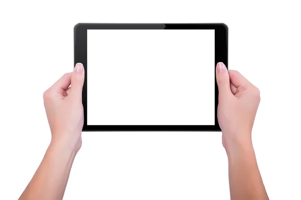 In the hands of girl black tablet