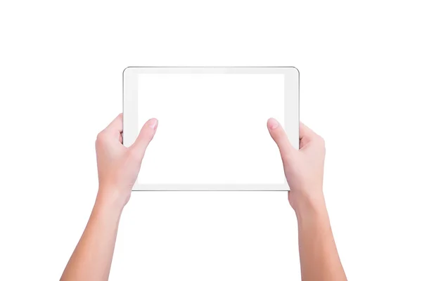 White tablet in the hands of a girl — Stock Photo, Image