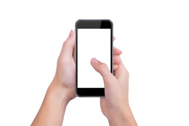 Girl presses the phone screen finger of a hand