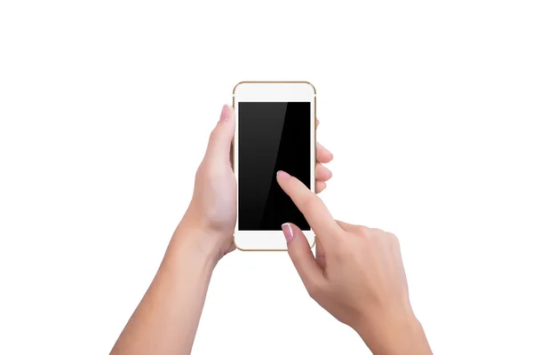 Mädchen klickt auf den Bildschirm des goldenen Telefons — Stockfoto