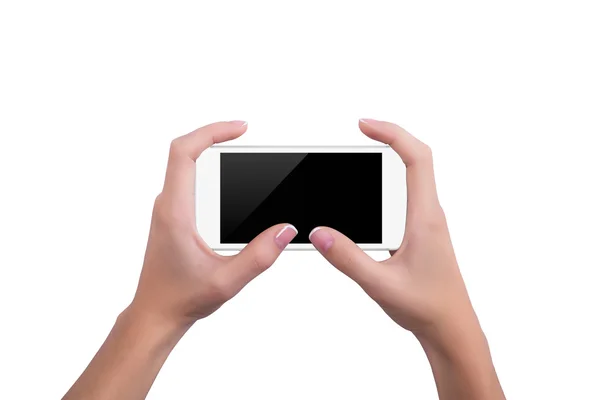 Дівчина тримає білий телефон обома руками — стокове фото