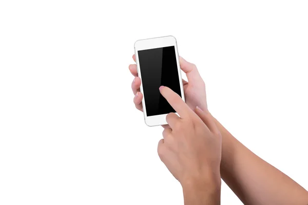 Girl presses index finger on the white phone screen — Stok fotoğraf