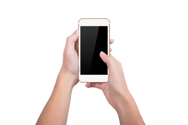 Chica presiona el dedo de la pantalla del teléfono de oro de una mano — Foto de Stock
