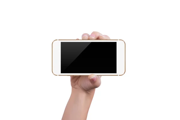 Girl shows the gold phone in one hand — Stock Photo, Image