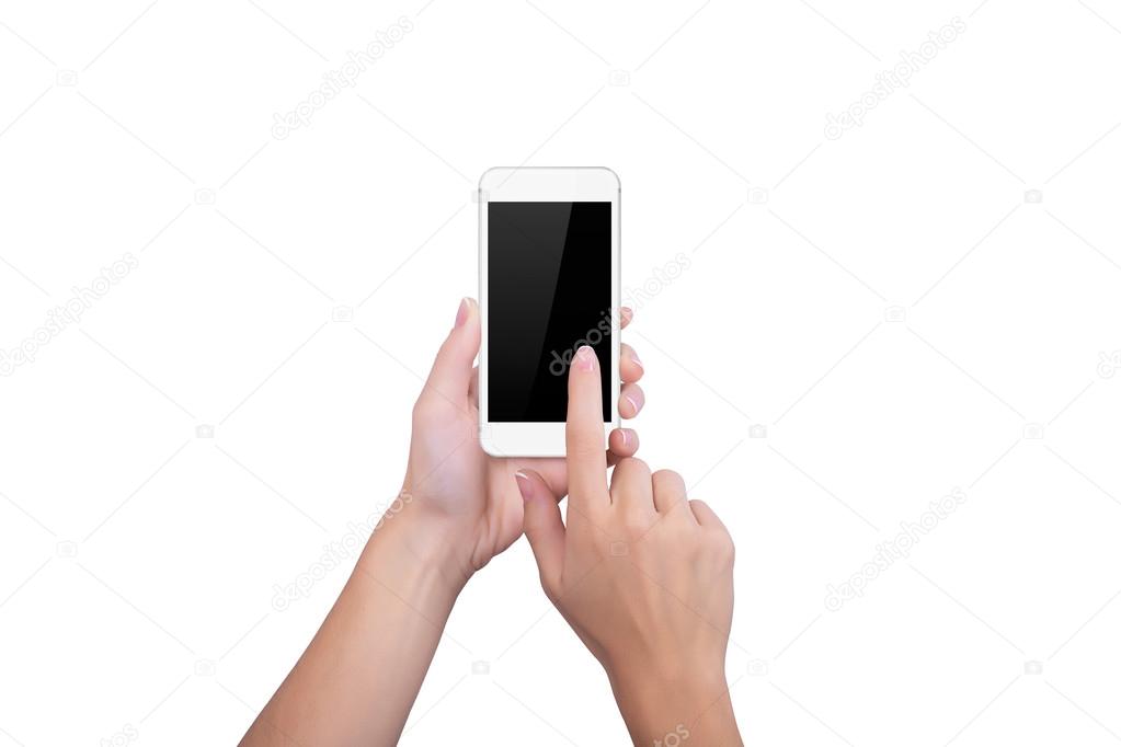 Girl clicks on the screen of phone