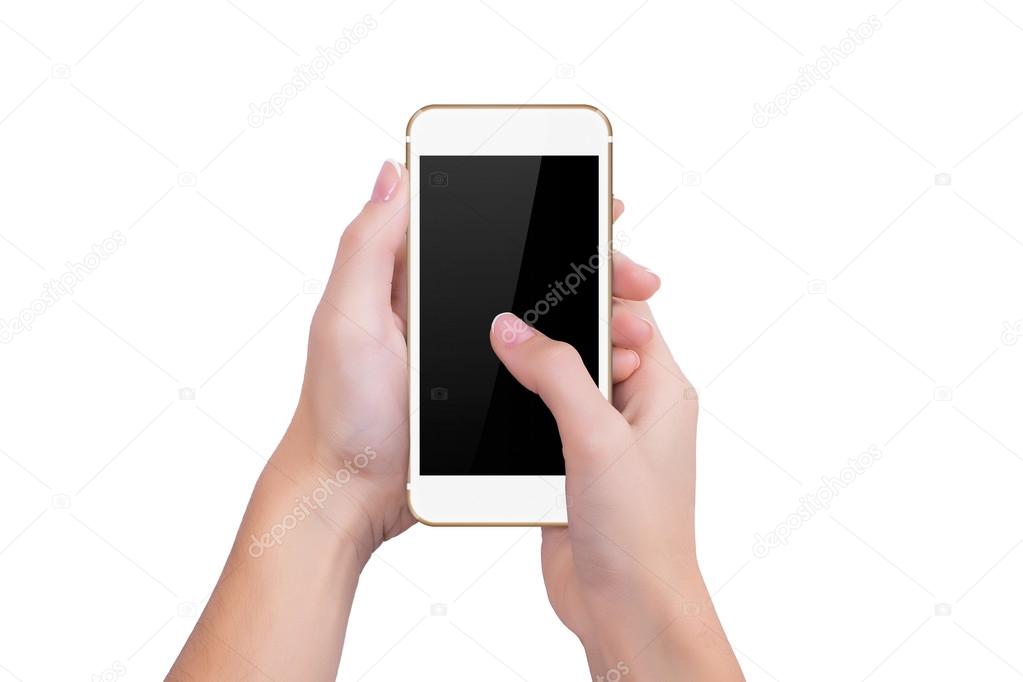 Girl presses the gold phone screen