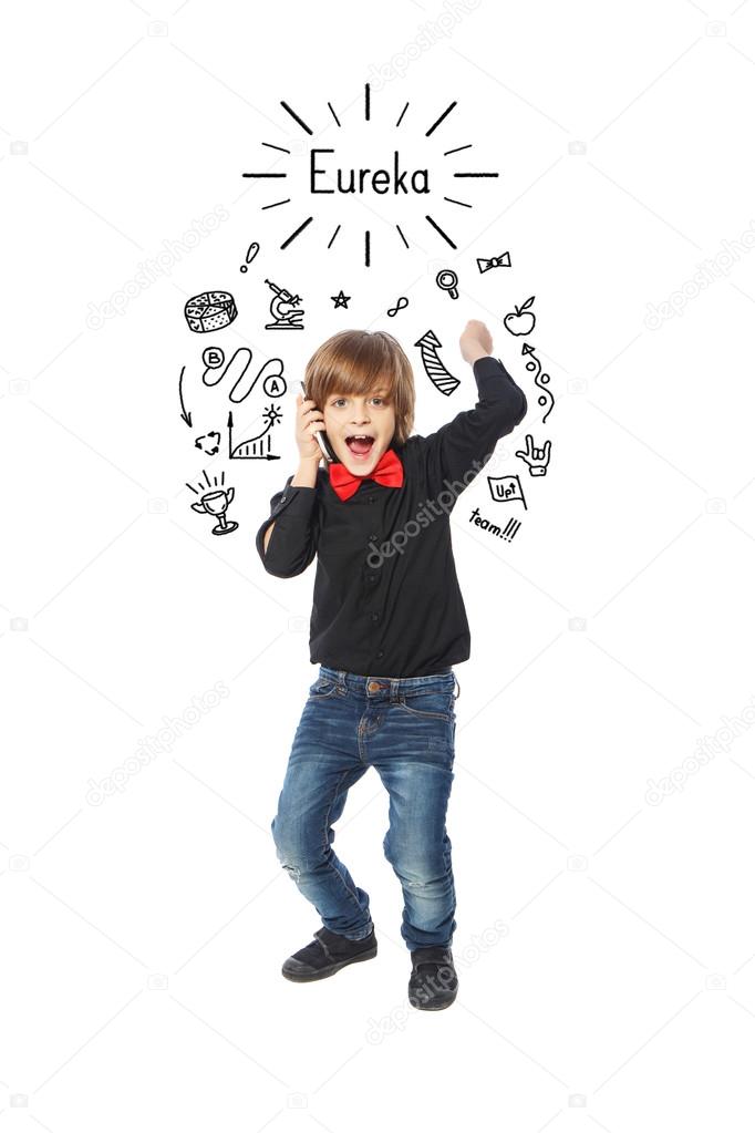 Happy boy shouting eureka