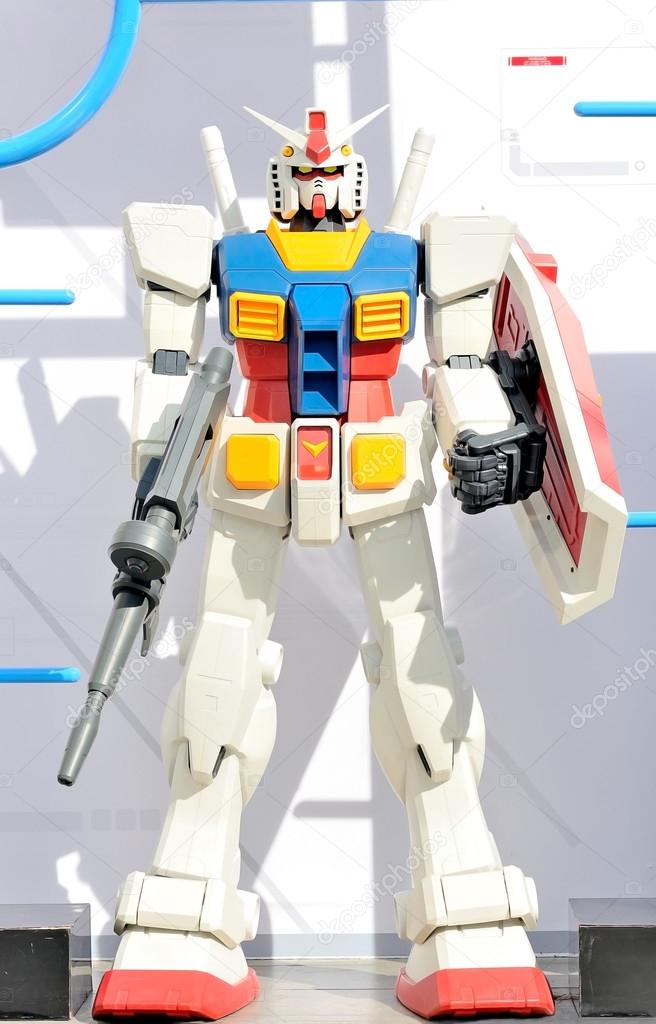 Gundam robot modeled approximately 1 meter length . On a white background. Stock Editorial