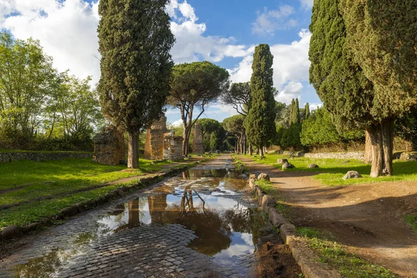 Appian Way Rome Tükröződések Pocsolyában Maradványok Sírok Után Vihar Kék — Stock Fotó