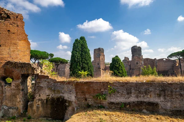 カラカラの浴場跡はローマ帝国時代のローマで最も重要な浴場である 青い空の植生を持つ壮大なレンガの壁の壮大な遺跡 ローマ ラツィオ イタリア — ストック写真