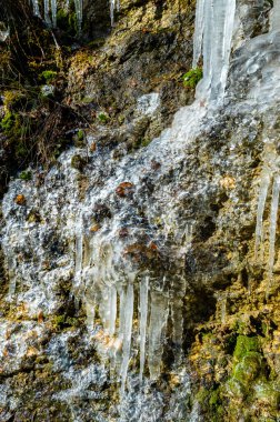 Doğada küçük buz şelalesi, kayaların ortasındaki güzel renk farklılıkları ve yeşil ve sarı yosunlar, Şubat ayı sonunda kuzey İtalya 'nın dağ kırsalında. 