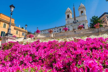 Piazza di Spagna Trinita dei Monti panorama Roma 'nın ünlü meydanındaki sokak lambaları beyaz ve pembe açelyaların patlaması barok merdiven rengidir. Roma, İtalya.
