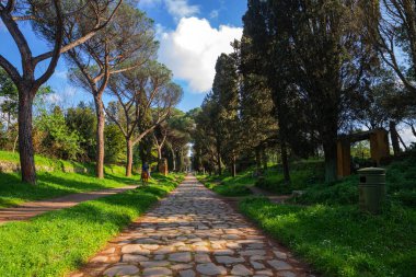 Antik appia boyunca yürümek, Roma ve Roma İmparatorluğu 'na giden bir bahar günü. Mavi gökyüzünde görünen deniz çam ve selvi ağaçlarının kaldırımlarının güzel detayları.