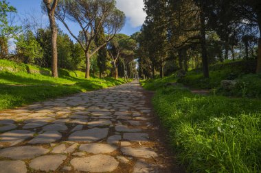 Roma İmparatorluğu 'nun bir bahar günü Roma' ya giden yolu, antik appia boyunca asfaltın güzel detayları. Mavi bahar gökyüzü, deniz çam ağaçları ve selvi ağaçları. Roma Appia Antika.