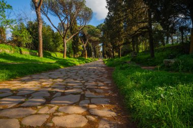 Beautiful detail of the paving along the ancient appia, the road to Rome of the Roman Empire on a spring day. The blue spring sky with the maritime pines and cypresses. Rome Appia Antica. clipart
