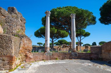 Rome Ostia Antica, Italy Ancient Roman ruins, columns with decorated capitals in Ostia archaeological park, Roman port Tiber in summer with blue sky and pine trees. 
