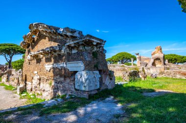 Rome, Ostia Antica, Italy Ancient Roman ruins, architectural building with marble Roman statue architectural elements decorated, archaeological park, Imperial era port of Rome.