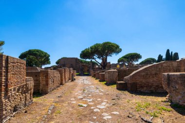 Rome Ostia Antica archaeological park Imperial era brick architectural building, beautiful Roman architectural structures of buildings in summer with blue sky maritime pines.