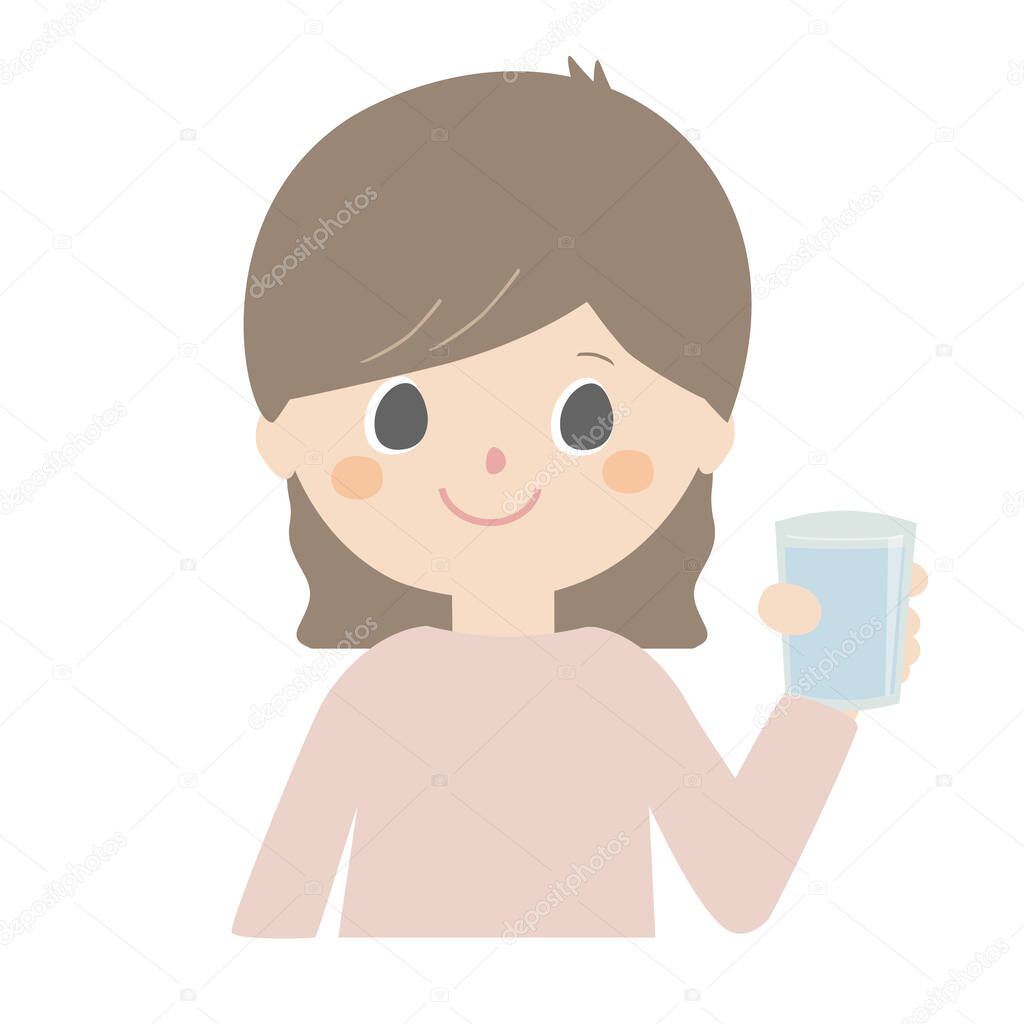 A cute illustration of a girl holding a glass of water.