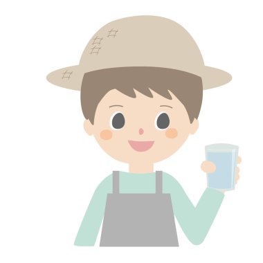 Elinde bir bardak su tutan bir çiftçinin şirin bir resmi..