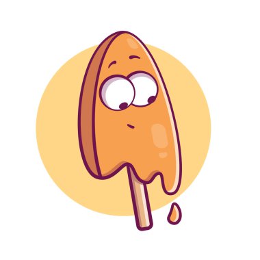 Çubukta erimiş dondurma. Yüz ifadesi olan çizgi film karakteri.