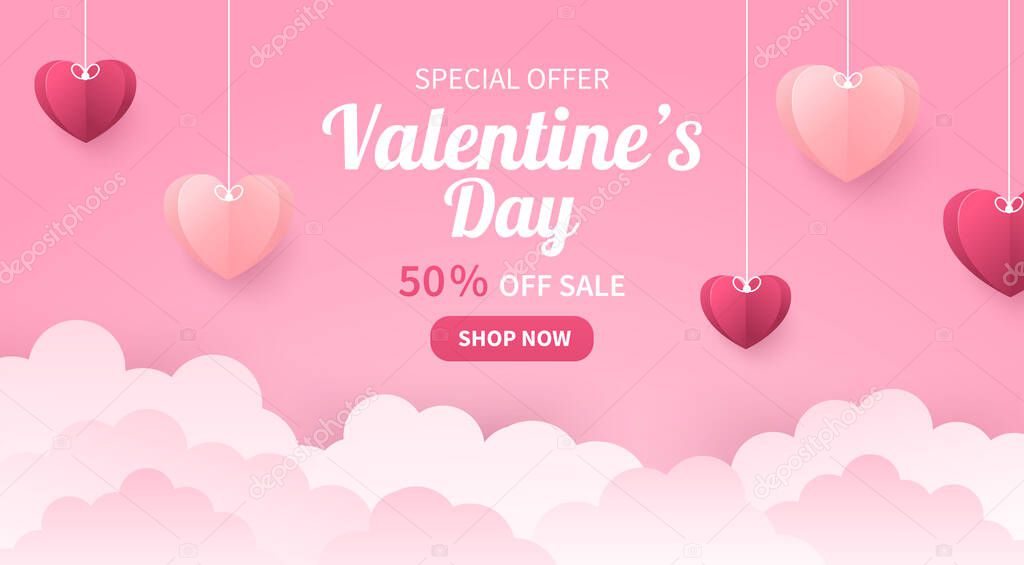 Valentine's Day sale background with paper hearts of different colors that hang from the clothesline above the clouds. Vector illustration. Wallpaper. Flyers, invitations, posters, brochures, banners.