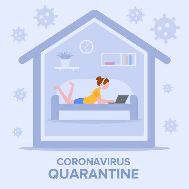 Kendini soyutlama konsepti. Karantinada uzaktan kumanda. Evde kalıp hayatı sürdürmek için bir çağrı. Kız kendini virüsten korumak için evde çalışıyor. Web pankartı ve web sitesinde kullanılabilir.