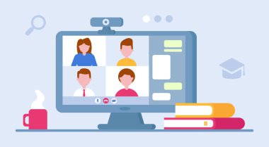 İniş sayfası şablonu. Evde, karantinada öğreniyorum. Online eğitim. Kitaplı bir bilgisayarda video konferansı ve video dersi. Online iş. Web afişi. Karantina sırasında çalış. Covid 19.