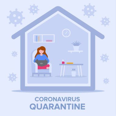Kendini soyutlama konsepti. Karantinada uzaktan kumanda. Evde kalıp hayatı sürdürmek için bir çağrı. Kız kendini virüsten korumak için evde çalışıyor. Web pankartı ve web sitesinde kullanılabilir.