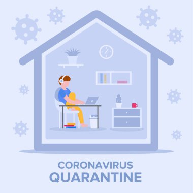 Kendini soyutlama konsepti. Karantinada uzaktan kumanda. Evde kalıp hayatı sürdürmek için bir çağrı. Kendini virüsten korumak için evde çalışan bir adam. Web afişinde ve web sitesinde kullanılabilir..