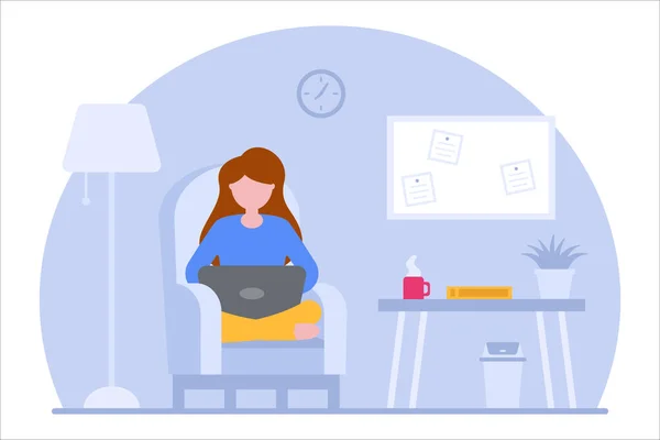 Conceito Vetorial Trabalho Casa Menina Freelance Trabalha Laptop Enquanto Sentado —  Vetores de Stock