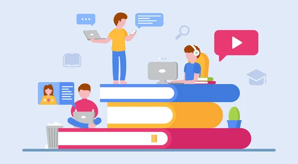 Evde, karantinada öğreniyorum. Online eğitim. Farklı pozisyonlardaki öğrenciler ve çevrimiçi öğrenme sürecindeki farklı cihazlarla. Büyük kitaplar. Online iş. Covid-19. Düz Çizim.