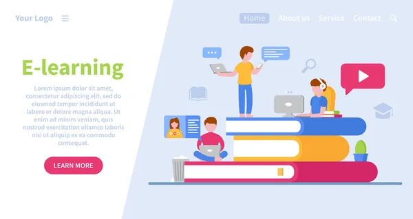 Шаблон Страницы Посадки Электронное Обучение Дома Карантине Онлайн Образование Учащиеся — стоковый вектор